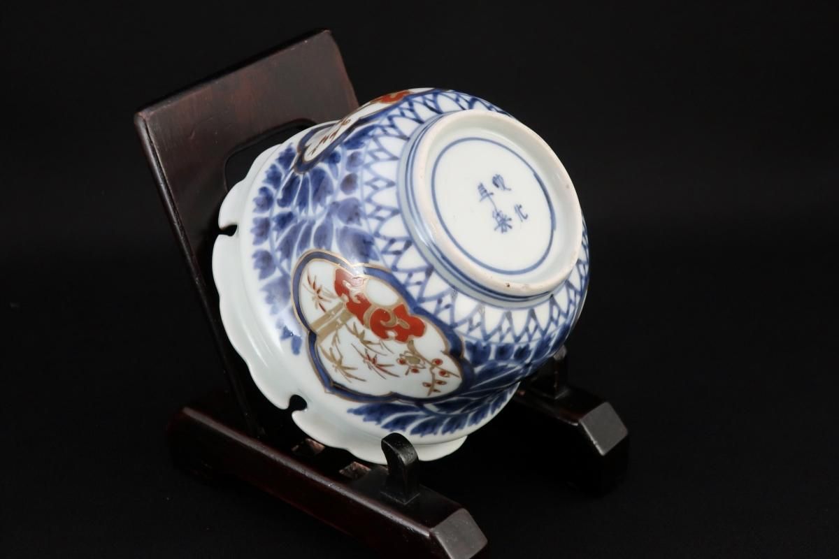 伊万里色絵雪輪形牡丹唐草窓絵文向付 五客組 / Imari Polychrome