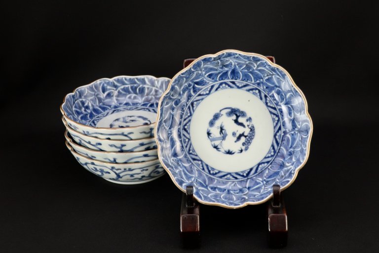 伊万里染付金縁牡丹唐草文なます皿　五枚組 / Imari Blue & White 'Namasu' Bowls  set of 5
