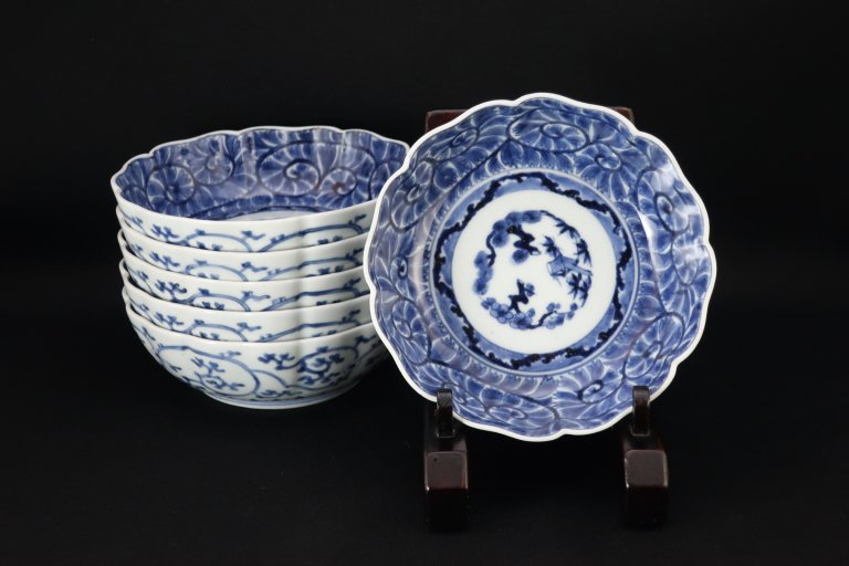 伊万里染付牡丹唐草文なます皿　六枚組 / Imari Blue & White 'Namasu' Bowls  set of 6