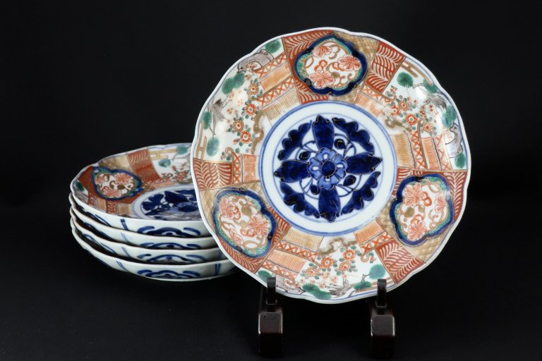 伊万里色絵鶴亀文七寸皿　五枚組 / Imari Polychrome Plates with the picture of Crane and Tortoises  set of 5
