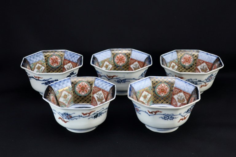 伊万里色絵草花文八角小鉢 五客組 / Imari Octagonal Polychrome Bowls  set of 5