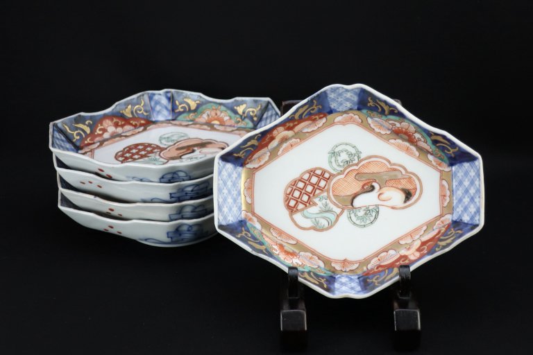 伊万里色絵鶴松竹梅文菱形皿　五枚組 / Imari Diamond-shaped Plates with the picture of Crane  set of 5