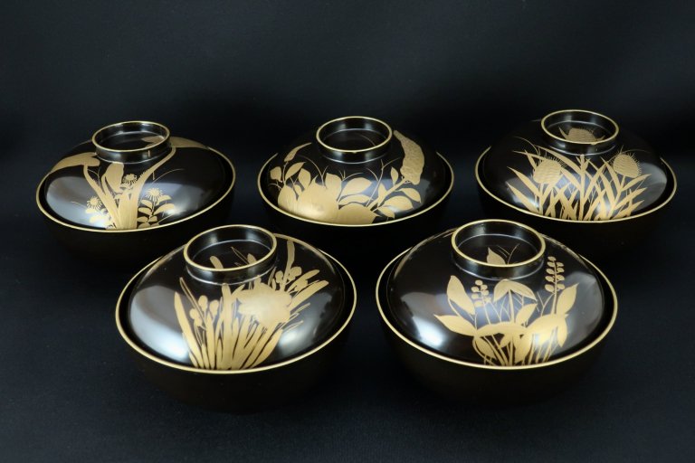 黒塗図変花鳥蒔絵吸物椀　五客組 / Black-lacquered Soup Bowls with Lids  set of 5