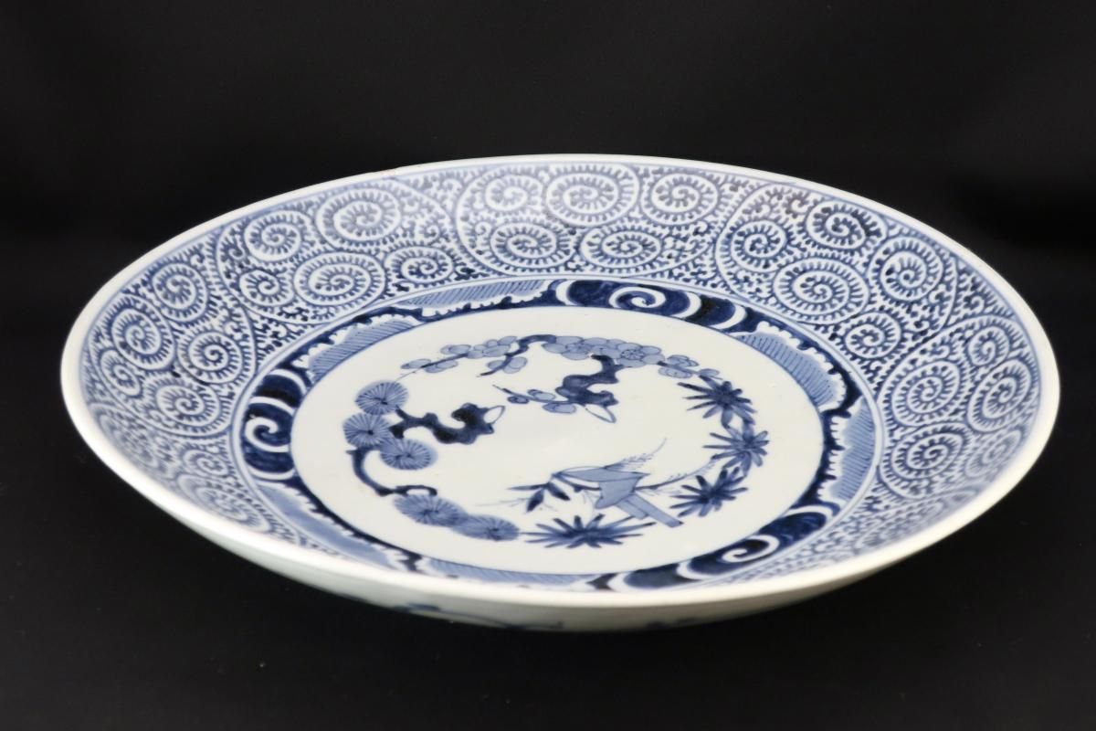陶器 大皿 染付 柄三面 Aa-337