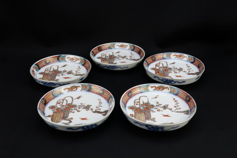 伊万里色絵花籠文四寸皿 　五枚組 / Imari Small Polychrome Plates with the picture of Flower Basket  set of 5