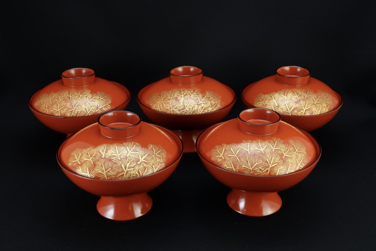 朱塗沈金松蒔絵吸物椀 五客組 / Red-lacquered Soup Bowls set of 5 