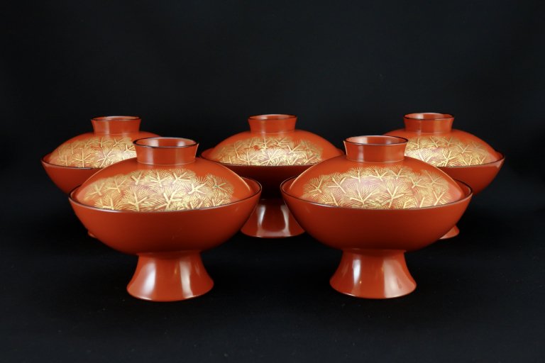 朱塗沈金松蒔絵吸物椀　五客組 / Red-lacquered Soup Bowls  set of 5