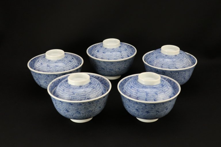 伊万里染付微塵唐草文蓋茶碗　五客組 / Imari Blue & White Bowls with Lids  set of 5