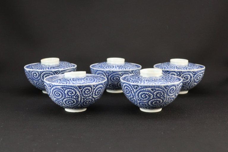 伊万里染付微塵唐草文蓋茶碗　五客組 / Imari Blue & White Rice Bowls with Lids  set of 5