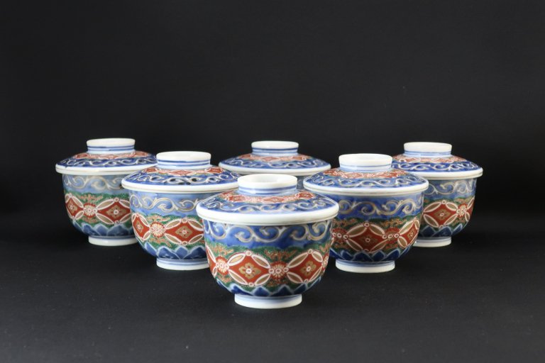 伊万里色絵七宝唐草文蒸茶碗　六客組 / Imari Polychrome Bowls with Lids  set of 6
