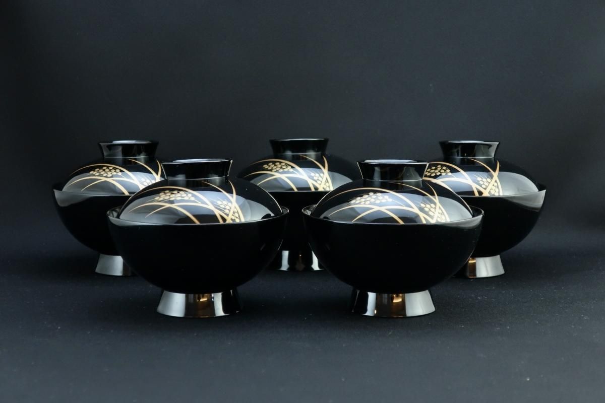 京都象彦 稲穂蒔絵椀 五客組 / Kyoto 'Zohiko' Black-lacquered 京都象彦 稲穂蒔絵椀 五客組 / Kyoto 'Zohiko' Black-lacquered