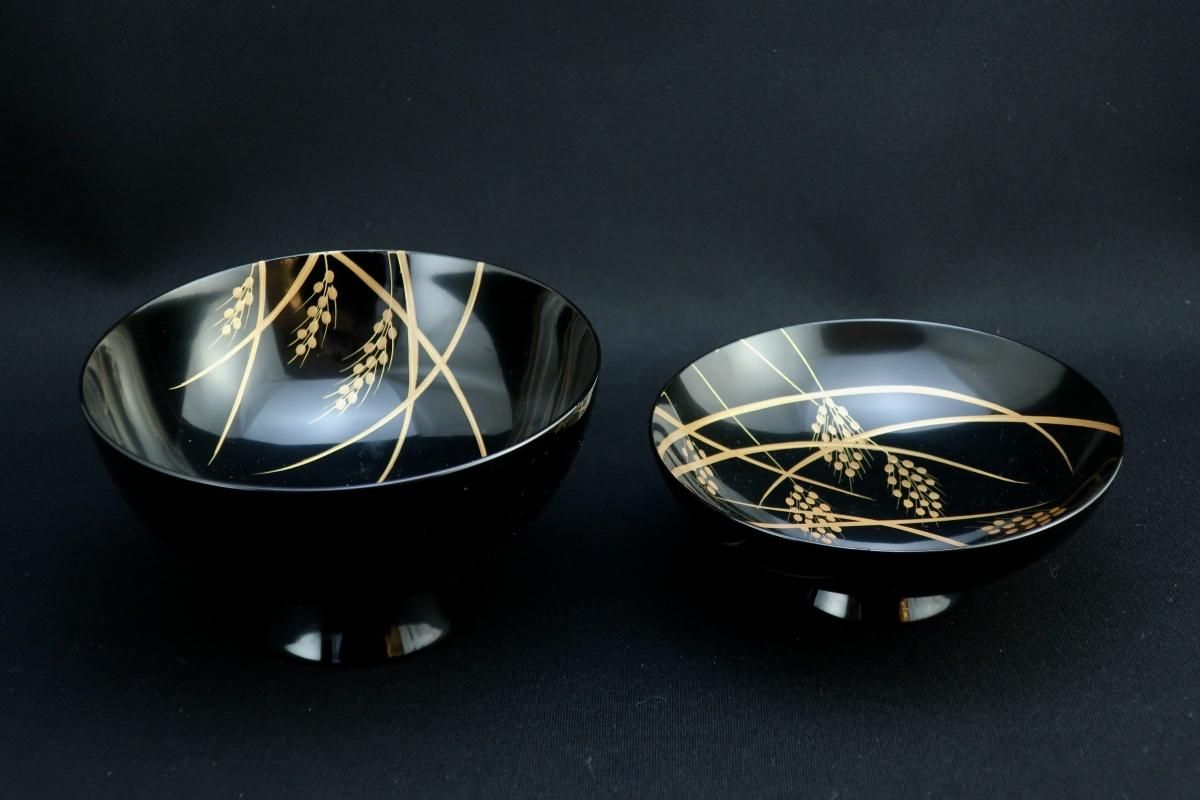 京都象彦 稲穂蒔絵椀 五客組 / Kyoto 'Zohiko' Black-lacquered 京都象彦 稲穂蒔絵椀 五客組 / Kyoto 'Zohiko' Black-lacquered
