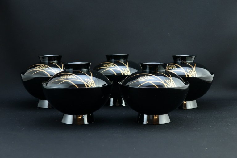 京都象彦　稲穂蒔絵椀　五客組 / Kyoto 'Zohiko' Black-lacquered Soup Bowls with Lids  set of 5