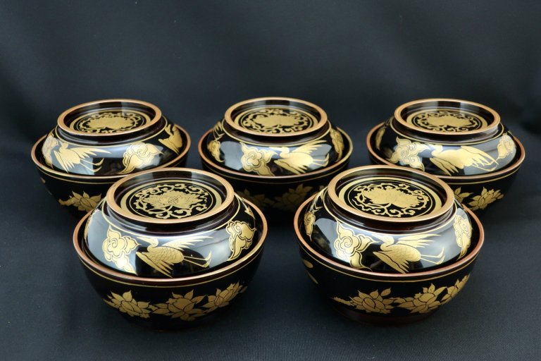 黒塗雲鶴魚尽蒔絵菓子椀　五客組 / Black-lacquered Bowls with Lids for Sweet  set of 5