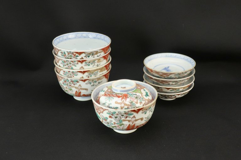 伊万里色絵立雛の図蓋茶碗　五客組 / Imari Polychrome Bowls with Lids  set of 5