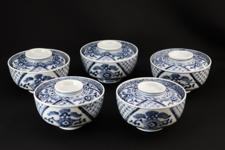 伊万里染付七宝草花文蓋茶碗　五客組 / Imari Blue & White bowls with Lids  set of 5