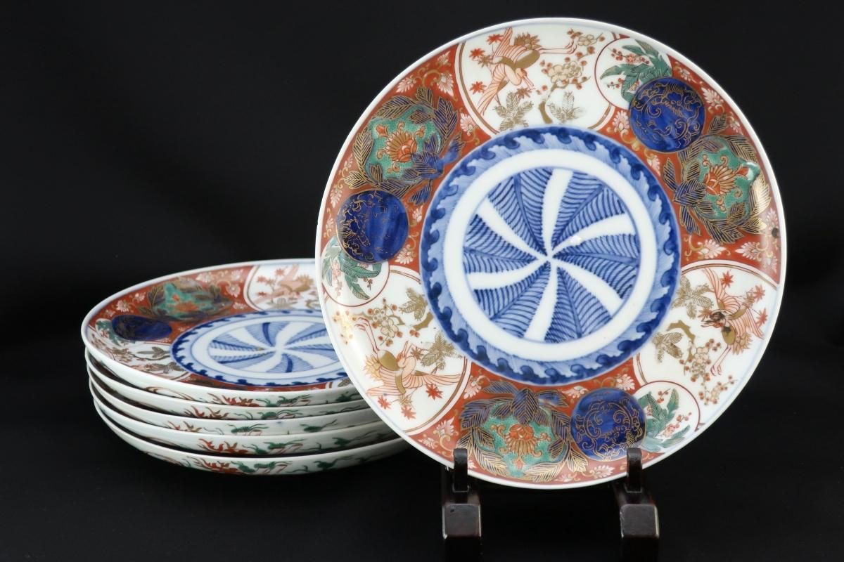 大聖寺伊万里色絵鶴松竹梅文七寸皿　五枚組 / Daishojji Imari Poyclrome Plates set of 5 - OKURA  ORIENTAL ART / 大蔵オリエンタルアート