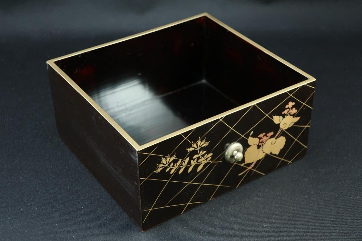 【長野横笛　黒箪花蒔絵香盆　膳　卓】漆芸　木箱　伝統工芸　明治　京漆器　秋草 長野横笛 黒箪花蒔絵香盆 膳 卓】漆芸 木箱 伝統工芸 明治 京