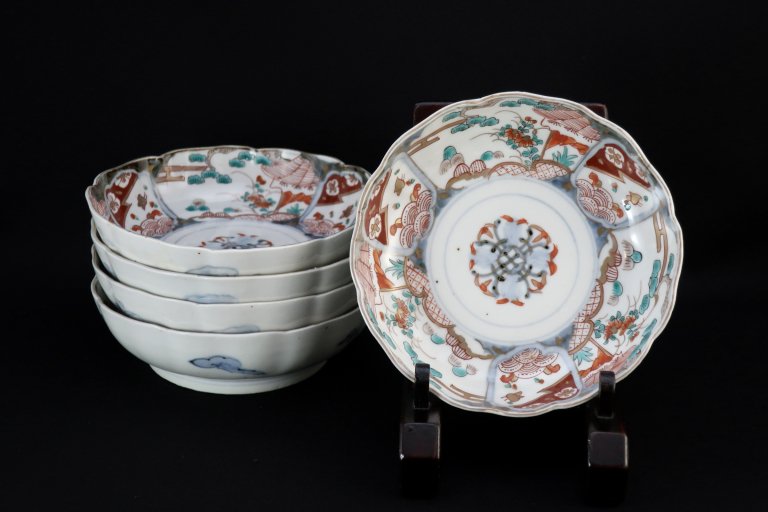 伊万里色絵草花波千鳥文なます皿　五枚組 / Imari Polychrome 'Namasu' bowls  set of 5