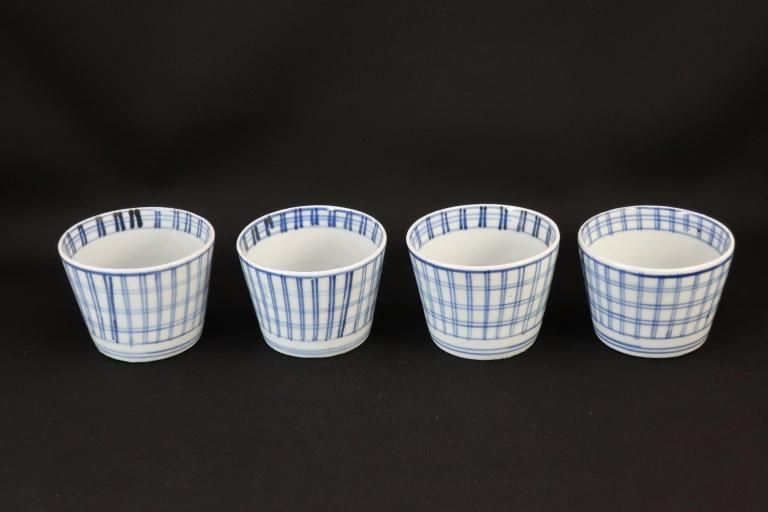 伊万里染付格子文蕎麦猪口　四客組 / Imar Blue & White Soba Cups  set of 4