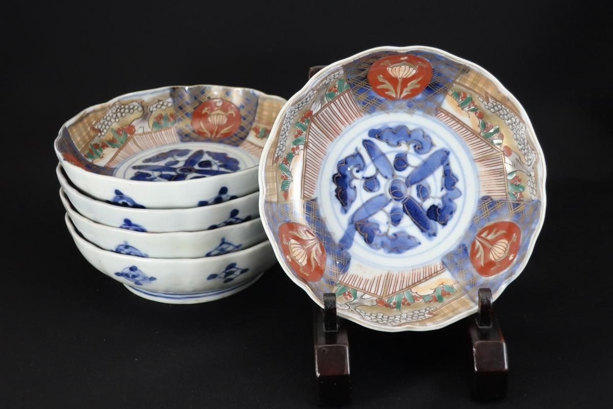 伊万里色絵草花文なます皿 五枚組 / Imari Polychrome 'Namasu