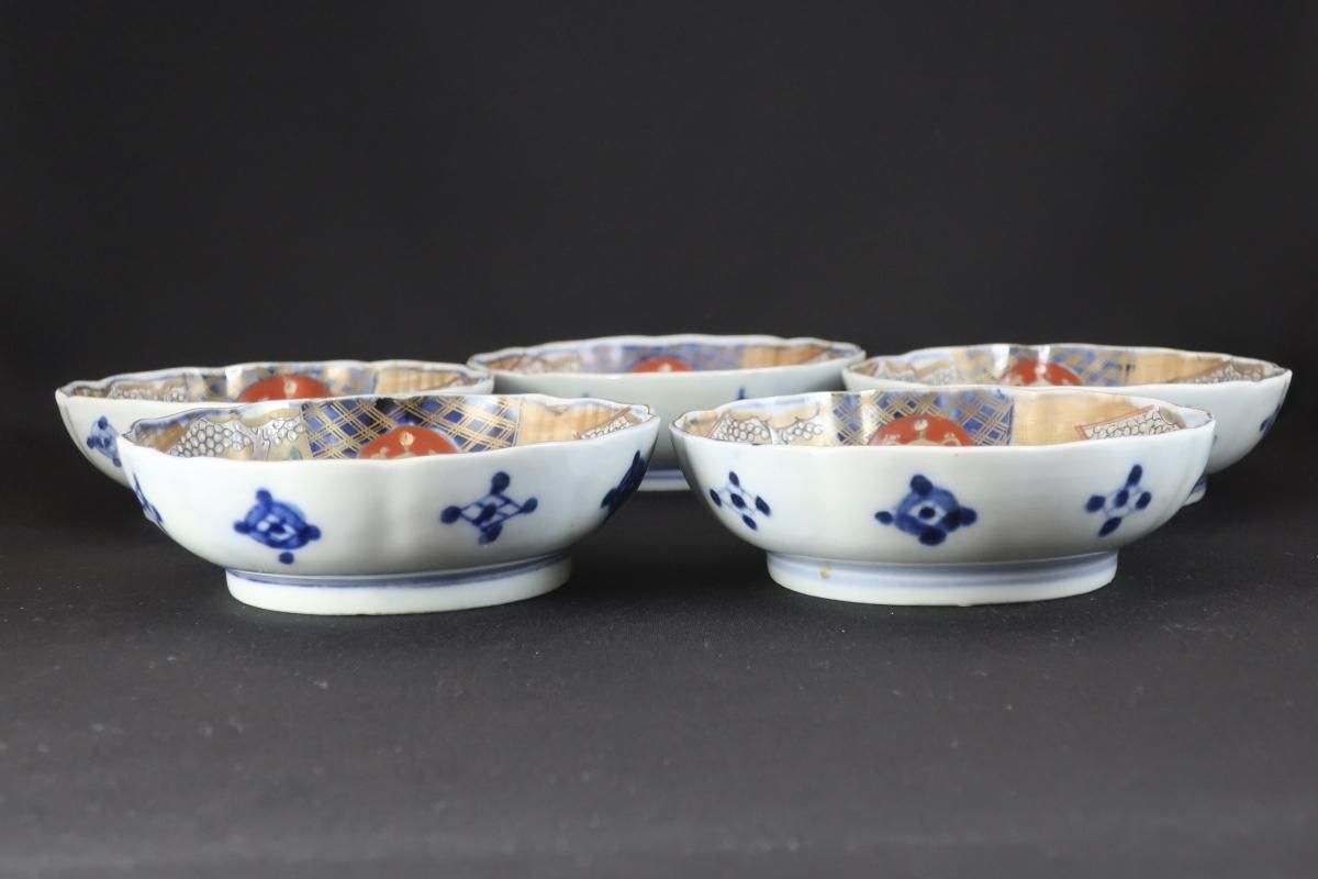 伊万里色絵草花文なます皿 五枚組 / Imari Polychrome 'Namasu