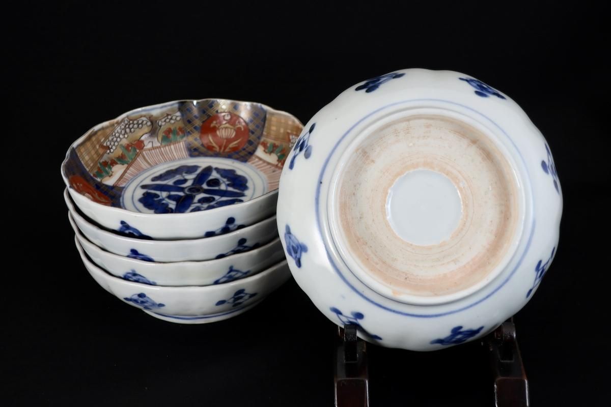 伊万里色絵草花文なます皿 五枚組 / Imari Polychrome 'Namasu