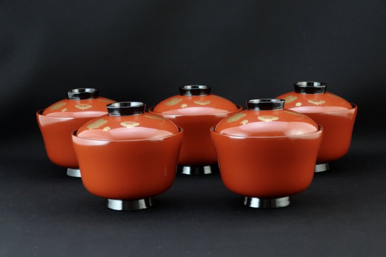 ߼ʪС޵ / Red-lacquered Soup Bowls with Lids  set of 5