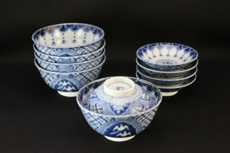 伊万里染付瓔珞文蓋茶碗 五客組 / Imari Blue & White Bowls with Lids  set of 5