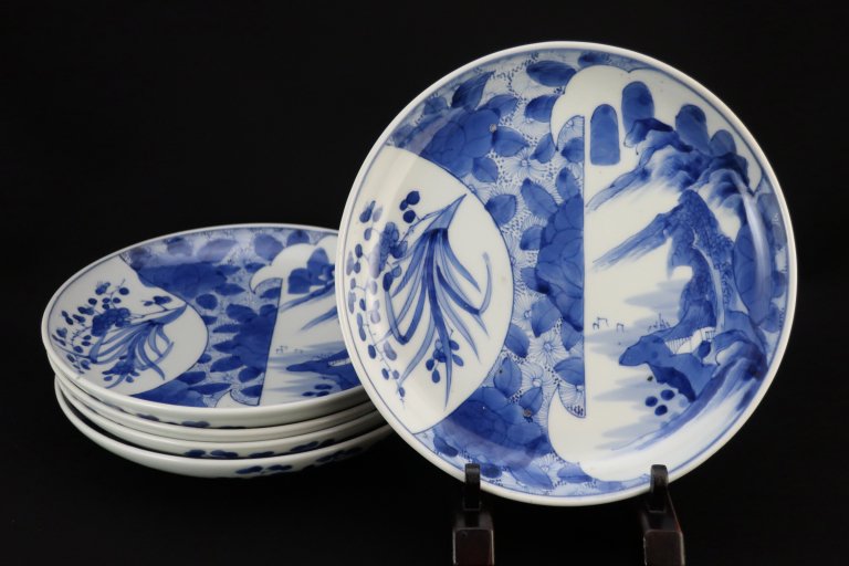 伊万里染付山水牡丹文七寸皿　五枚組 / Imari Blue & White Plates  set of 5