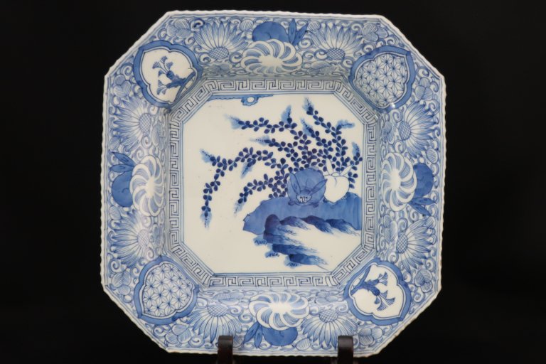 伊万里線描染付兎文隅切角皿 / Imari Large Square Blue & White Plate with the picture of Rabbits set of 5