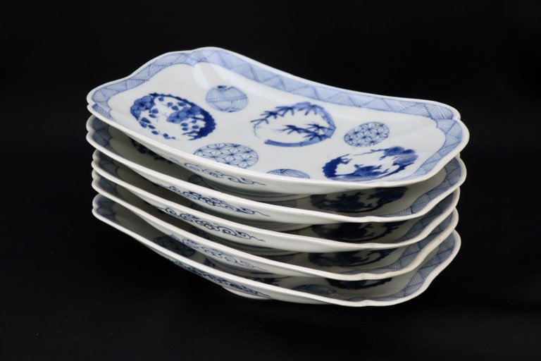 伊万里染付丸文変形皿　五枚組 / Imari Blue & White Plates with the picture of Circles  set of 5