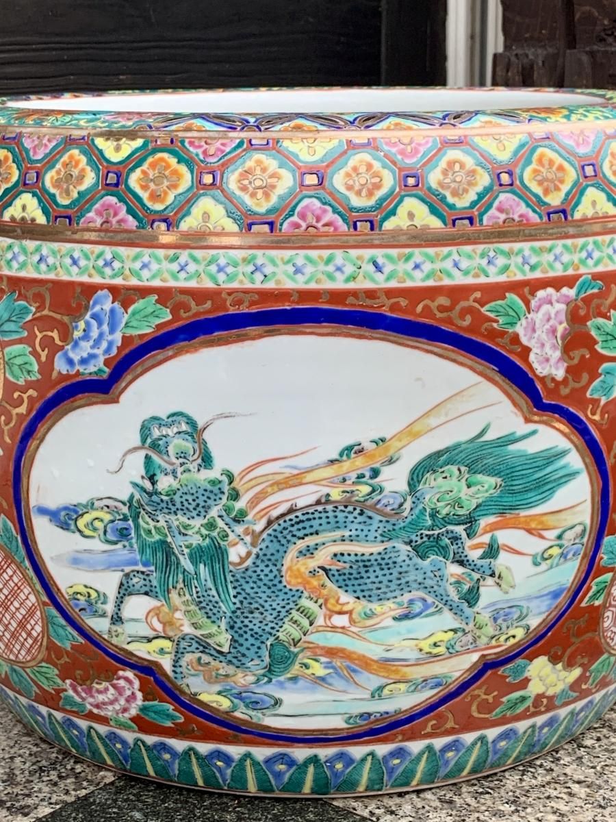 極上絵付け！　明治〜大正期　伊万里焼　十錦手　色絵火鉢　五徳付き 色絵 伊万里 十錦 手あぶり火鉢 日本製 アンティーク
