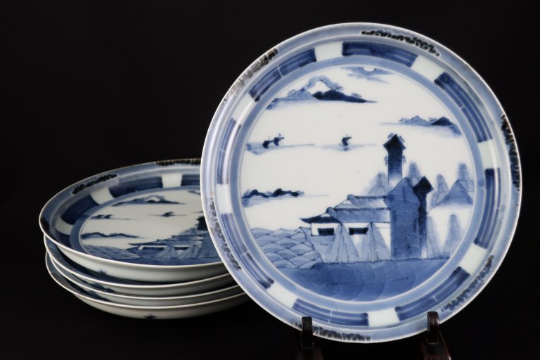 伊万里染付源氏香山水文七寸皿　五枚組 / Imari Blue & White Plates  with the picture of Scenery  set of 5