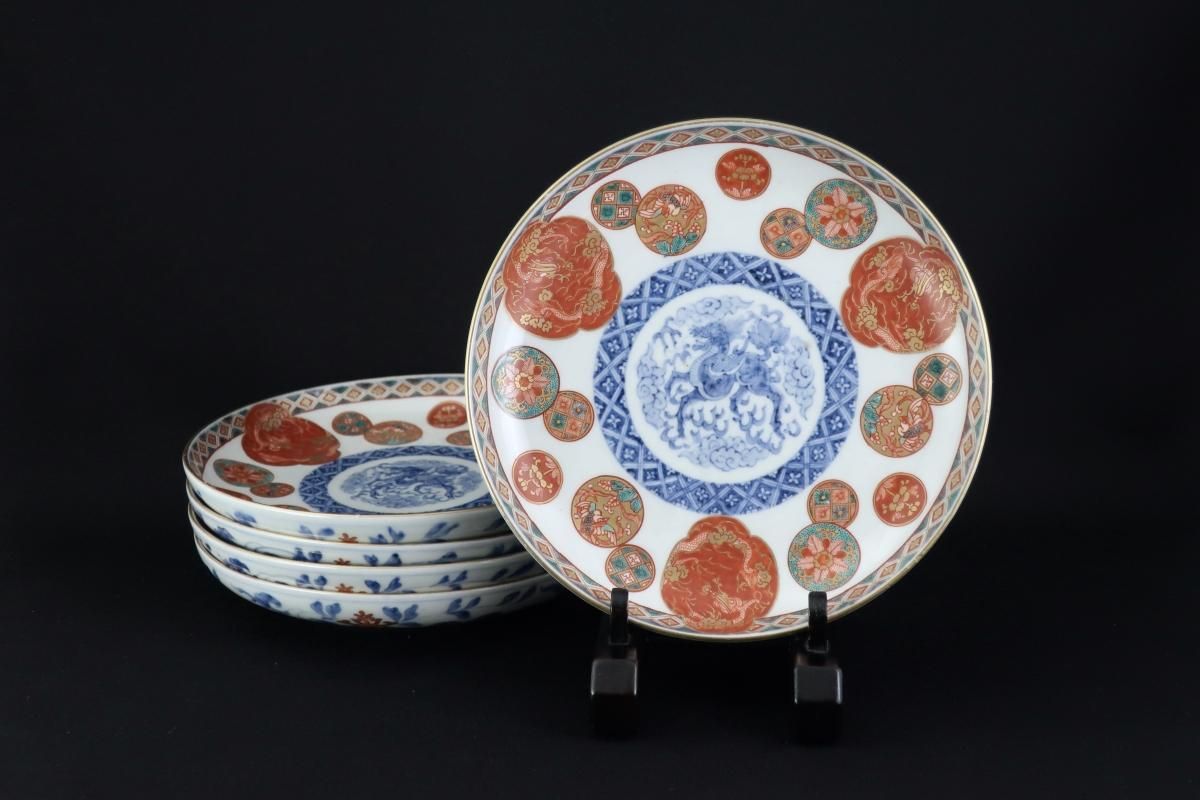 上品 伊万里色絵龍赤丸文六寸皿 五枚組 / Imari Polychrome Plates 工芸品