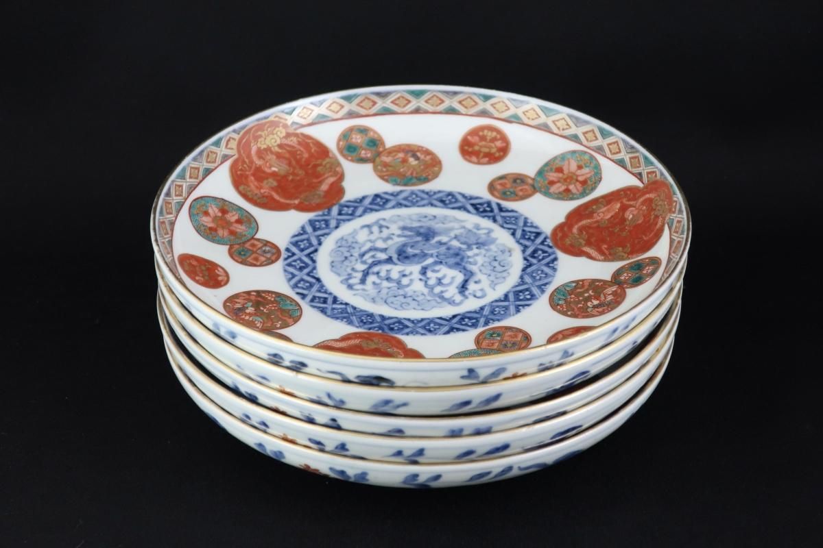 伊万里色絵龍赤丸文六寸皿 五枚組 / Imari Polychrome Plates