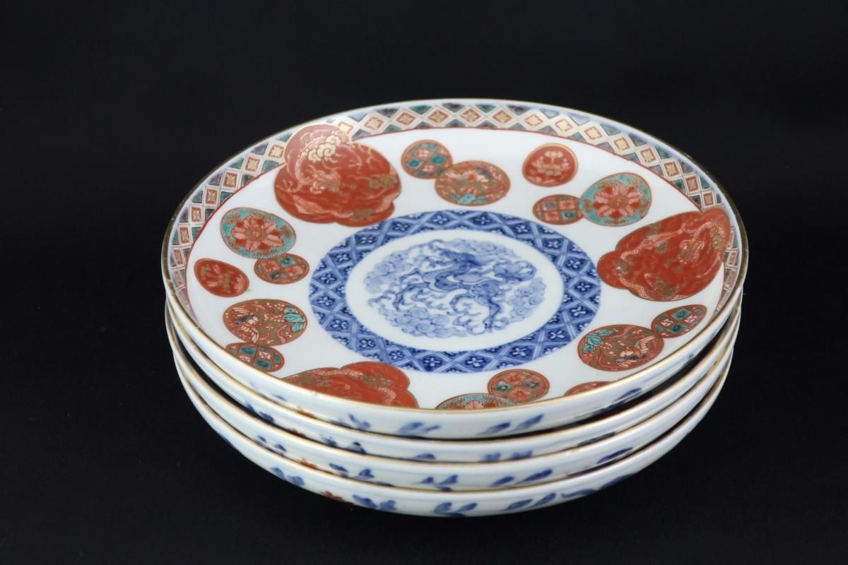 伊万里色絵龍赤丸文六寸皿 五枚組 / Imari Polychrome Plates