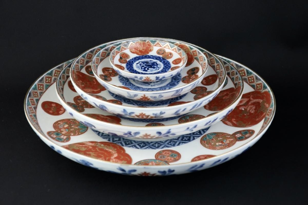 伊万里色絵龍赤丸文六寸皿 五枚組 / Imari Polychrome Plates
