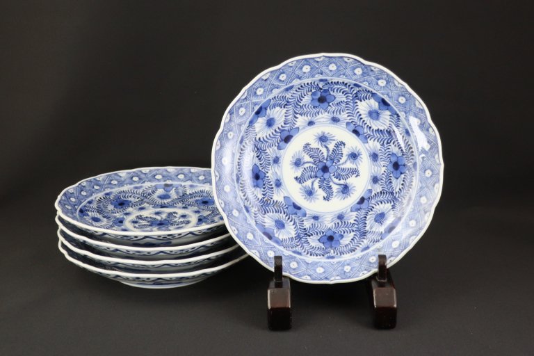 伊万里染付草花文六寸皿　五枚組 / Imari Blue & White Plates  set of 5
