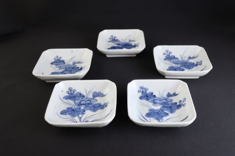 伊万里染付牡丹文角皿　五枚組 / Imari Square Blue & White Plates with the picture of Peonies  set of 5