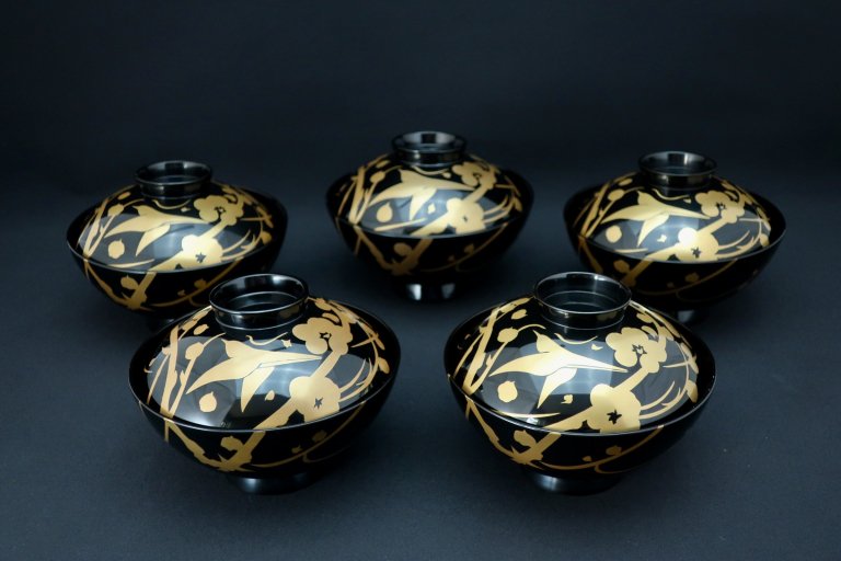 輪島塗梅鶯蒔絵吸物碗　五客組 /  Wajima-lacquered Soupe Bowls with Gold 'Makie' picture  set of 5