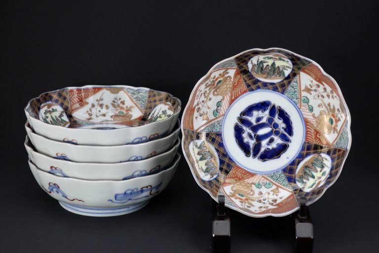 伊万里色絵花籠文大なます皿　五枚組 / Imari Large Polychrome 'Namasu' Bowls  set of 5