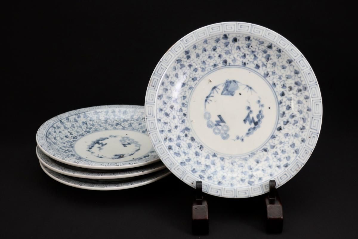 古伊万里染付萩唐草水辺風景文輪花皿 d18.4cm Imari Blue and
