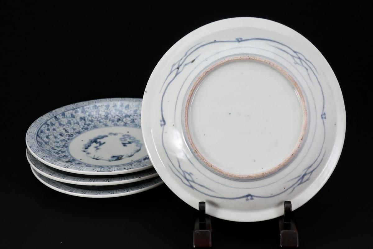 4枚組 印判 染付 捻り 微塵唐草 松竹梅 七寸皿 アンティークサムズ