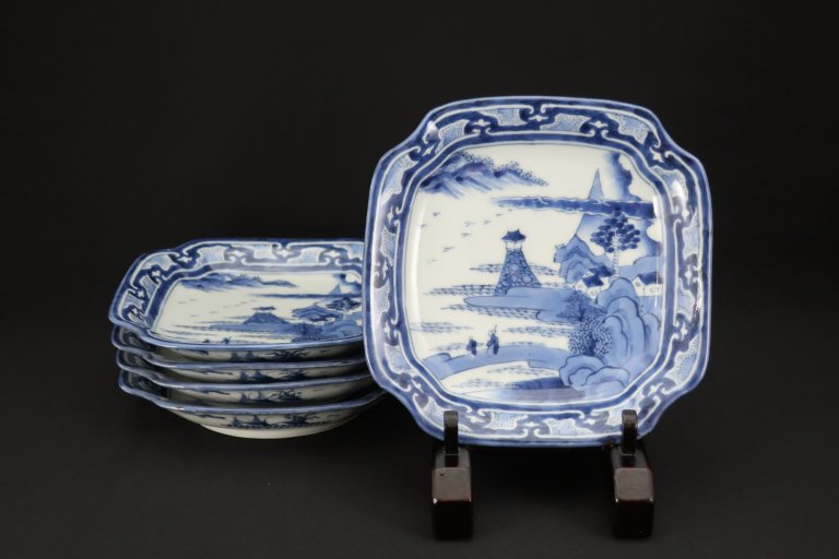 伊万里染付山水文変形角皿　五枚組 / Imari Square Blue & White Plates with the picture of Scenery  set of 5