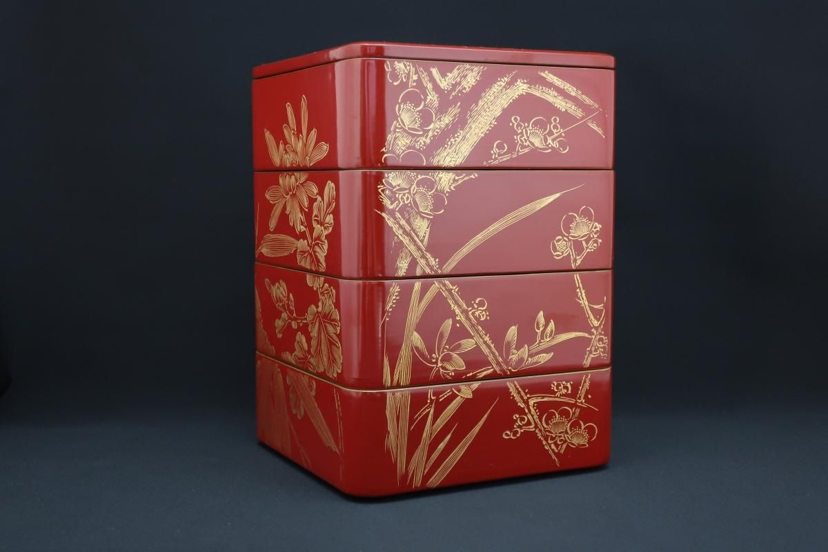 朱塗四君子沈金蒔絵重箱 / Red-lacquered 'jubako' Food Boxes with ... JAPAN沈金 天然木真塗り内朱沈金 四君子蒔絵一段重箱