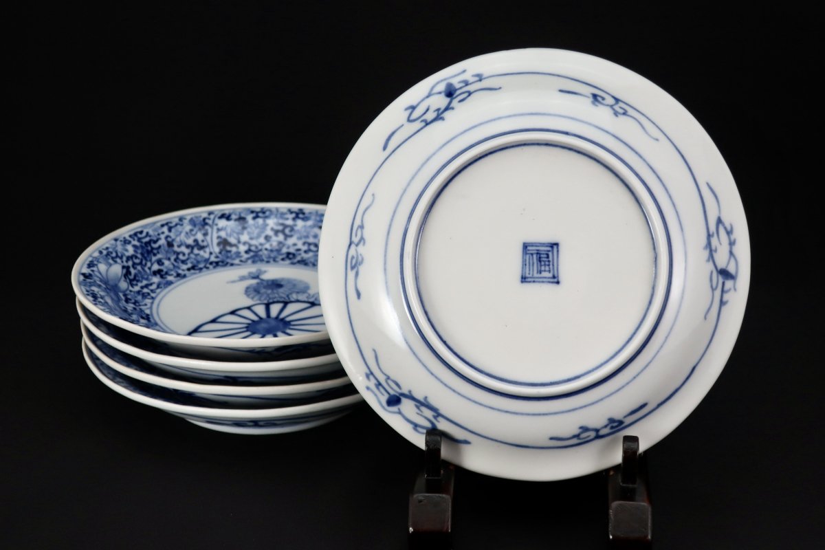 伊万里染付花唐草菊花文六寸皿 五枚組 / Imari Blue & White Plates 