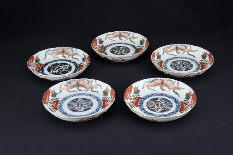 伊万里色絵桐鳳凰文四寸半皿　五枚組 / Imari Polychrome Plates with the picture of Phoenixes  set of 5