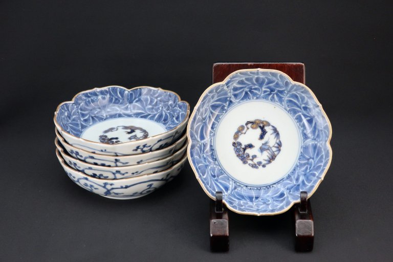 伊万里金彩染付牡丹唐草文なます皿　五枚組 / Imari Blue & White 'Namasu' Bowls   set of 5