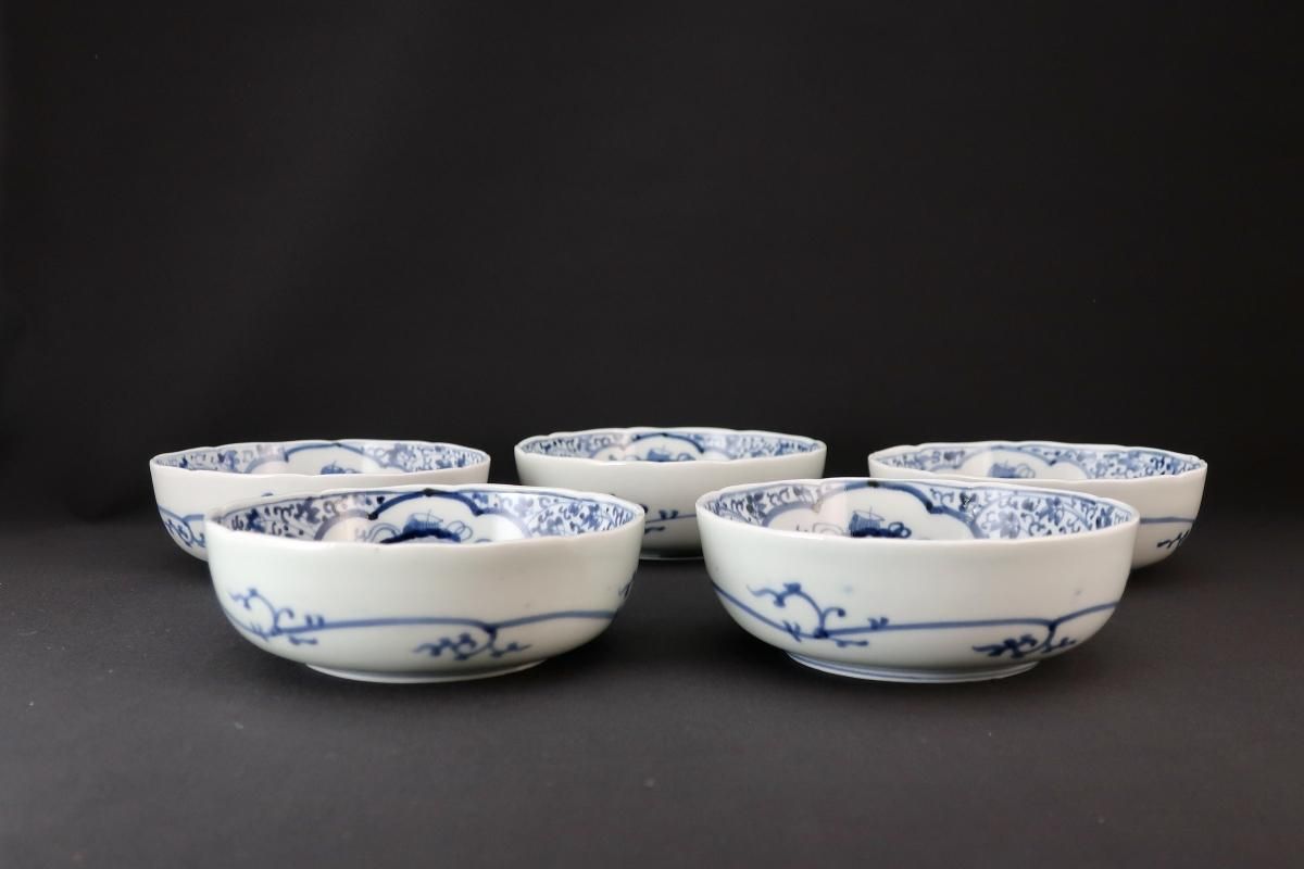 伊万里染付萩唐草窓絵文なます皿 五客組 / Imari Blue & White